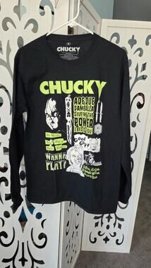 Chucky Horror Graphic Tee Wanna Play Black Shirt Medium NWOT Cotton